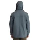 Campera azul grisáceo con capucha y forro interior en color arena. Tiene cierre frontal con botones a presión, múltiples bolsillos y logo de la marca en el pecho.