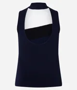 Blusa de punto sin mangas con cuello alto y bloques de color blanco, negro y azul marino.
