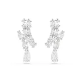 Par de aros colgantes plateados con incrustaciones de circonias Swarovski de diferentes formas y tamaños.