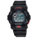 Reloj digital Casio G-Shock G7900-1DR, color negro con detalles en rojo. Cuenta con resistencia a golpes, resistencia al agua de 200 metros, hora mundial, cronómetro, temporizador, alarmas, calendario automático, luz de fondo EL y gráficos de marea y fases lunares.