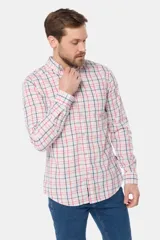 Camisa de manga larga a cuadros celestes, azules, amarillos y naranjas, con fit regular y logo bordado.