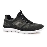 Championes deportivos Skechers Summits, color negro con detalles dorados, capellada de tejido knit, plantilla acolchada Memory Foam y suela flexible.