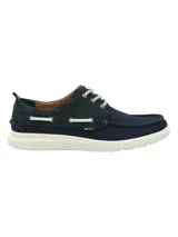 Zapato náutico de hombre marca Gaston, color azul marino y verde oscuro, con cordones blancos y suela blanca de goma. Capellada de algodón orgánico y cuero.