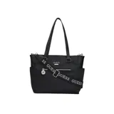 Cartera tote negra marca Guess, modelo Madix, con doble asa de mano y correa de hombro desmontable con logo de la marca.