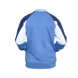 Campera bomber celeste con mangas ranglan azul marino y detalles en blanco. Presenta cierre frontal, cuello, puños y ruedo acanalados, logo de Umbro bordado en el pecho izquierdo y escudo del Club Nacional de Football en el pecho derecho.