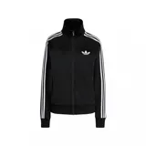 Campera deportiva Adidas Firebird negra, con cuello alto, cierre frontal y las tres tiras blancas características de la marca en las mangas. El logo del trébol de Adidas está bordado en blanco en el pecho.