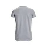 Remera gris de mujer marca Under Armour, de corte clásico y manga corta. Presenta el logo de la marca estampado en el pecho con diseño camuflado en tonos azules y negros.