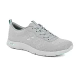 Championes Skechers Arch Fit Refine Lavish color gris, con cordones, capellada de tejido knit sin costuras, plantilla Arch Fit extraíble con soporte en el arco plantar certificado por podólogos y media suela con amortiguación.