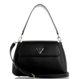 Bolso de mano Guess modelo Sora, color negro, con correa de hombro ajustable y extraíble. Presenta solapa con cierre magnético y logo triangular metálico en el frente.