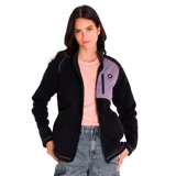 Campera polar de mujer Caterpillar, color negro con detalles en lila. Cuenta con cierre frontal, bolsillo en el pecho con cierre y bolsillos laterales.