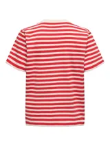 Camiseta de manga corta con cuello redondo y diseño a rayas horizontales rojas y blancas.