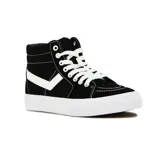 Bota casual de lona de corte alto, color negro con detalles en blanco, incluyendo el logo lateral en forma de 'V' y cordones blancos. Suela de goma blanca.