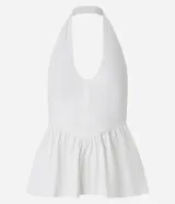 Top blanco de bengalina con diseño peplum, frente único y bretel en el cuello.