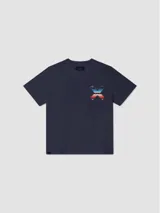 Remera azul marino de algodón orgánico con estampado en la espalda de una cruz formada por motivos geométricos de estilo étnico.