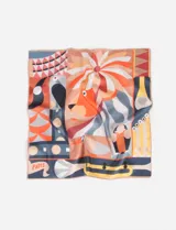 Pañuelo cuadrado de poliéster con estampado abstracto multicolor con figuras de animales y la palabra 'Paris'.