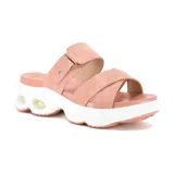 Sandalias negras con plataforma blanca y suela con burbujas de aire. Presentan dos tiras anchas cruzadas sobre el empeine y una tira ajustable con hebilla en el tobillo.