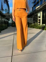 Conjunto de pantalón y blusa color mostaza.