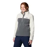 Buzo polar Columbia Benton Springs para mujer, de corte clásico, con cuello alto y cierre parcial con botones a presión. Diseño en bloques de color: blanco en la parte superior y gris en la inferior.