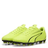 Championes de fútbol Puma modelo Vitoria FG para hombre, diseñados para césped natural firme. Presentan una capellada de material sintético imitación cuero en color negro con el icónico Formstrip de Puma en blanco en los laterales. Poseen cierre de cordones y suela con tapones de goma para una tracción óptima.