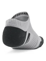 Pack de tres pares de medias deportivas Under Armour, unisex, de corte invisible, color negro con logo en gris.