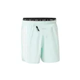 Short de running Adidas Own The Run color celeste con cintura elástica negra con la inscripción "Running" en blanco. Presenta las tres tiras características de la marca en color blanco en los laterales y el logo en la parte inferior.