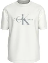 Remera blanca de algodón con cuello redondo y mangas cortas. Estampado frontal con el monograma CK y el nombre de la marca en color gris.