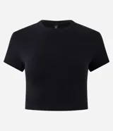 Blusa cropped negra de manga corta y cuello redondo, confeccionada en algodón certificado BCI con elastano.