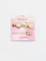Set de dos broches para el pelo marca Guapa!, uno con forma de flor y otro con apliques de perlas y piedras rosas.