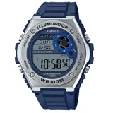 Reloj digital Casio con caja plateada y detalles en azul, correa de resina azul, pantalla digital con funciones de hora mundial, cronómetro, temporizador, alarma y calendario. Resistente al agua hasta 100 metros.