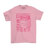 Remera rosa de algodón con estampado de leche de frutilla de Majin Boo.