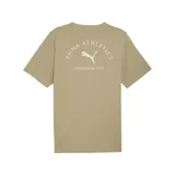 Remera color beige con cuello redondo y mangas cortas. Estampado pequeño en el pecho con el logo de Puma y la leyenda "Puma Athletics established 1948".