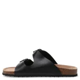 Sandalias blancas con dos tiras ajustables con hebilla metálica, plantilla de corcho y suela blanca.