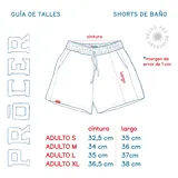 Short de baño azul con cintura elástica roja y rayas verticales blancas y rojas.