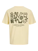 Camiseta color crema con estampado abstracto en la espalda, cuello redondo y manga corta.