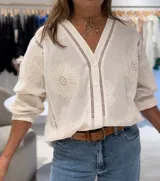 Camisa color crudo de manga larga con puños elásticos, cierre frontal con botones y bordados perforados combinados a tono en la parte delantera y trasera.