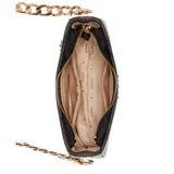 Bolso de hombro Guess Evelune chica, color negro con estampado del logo de la marca en gris. Tiene herrajes dorados, cierre superior con cremallera y correa de hombro con cadena dorada y cinta estampada.