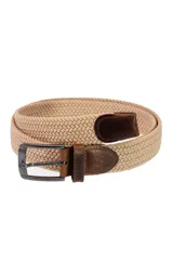 Cinturón beige con diseño trenzado y detalles en cuero marrón.