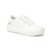 Zapatillas urbanas CAT modelo AMP, color blanco. Capellada de canvas recubierta en PU, forro de malla interior hecho con residuos industriales 100% reciclados, plantilla de espuma EVA suave, suela de goma duradera y con gran tracción.