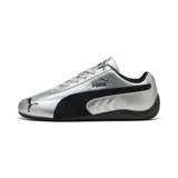 Championes Puma Speedcat Metallic plateados con detalles en negro, de estilo deportivo y diseño elegante.