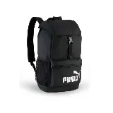 Mochila Puma negra con logo blanco estampado en el frente, bolsillo frontal con cierre, bolsillo lateral de red, correas acolchadas ajustables y capucha impermeable oculta en la parte superior.