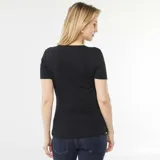 Camiseta negra de manga corta con escote cruzado, ideal para lactancia.