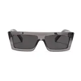 Gafas de sol unisex de plástico reciclado, color gris traslúcido, con lentes rectangulares negras y filtro UV 400. Incluye estuche.