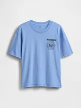 Remera celeste de algodón con cuello redondo y mangas cortas. Estampado en el pecho con el logo de la banda de punk rock The Ramones.