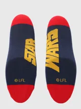 Calcetines azules con diseño de cazas TIE Fighter amarillos y detalles en rojo, blanco y amarillo.
