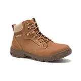 Bota de trabajo Caterpillar color marrón, con puntera de acero y cuello acolchado en color beige. Cuenta con cordones redondos marrones, ojales metálicos y suela de goma antideslizante.