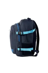 Mochila de color azul marino con detalles en azul claro vibrante, incluyendo cierres, correas ajustables y base. Presenta un compartimento principal y un bolsillo frontal con cierre vertical. Incluye el logo de Discovery en el frente.