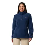 Buzo polar Columbia para mujer, color azul marino, con cuello alto abotonado y logo bordado en el pecho.