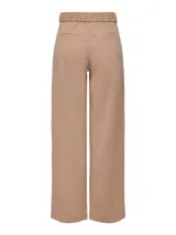 Pantalón ancho de punto color beige, tiro medio, con cintura elástica y pliegues frontales.