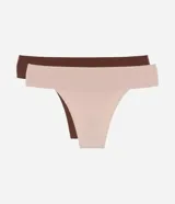 Kit de dos bombachas bikini corte a hilo, una color marrón y otra color piel, con logo de la marca Lov en el frente.