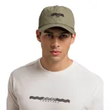 Gorra verde militar de algodón con logo de Caterpillar bordado en negro en el frente.